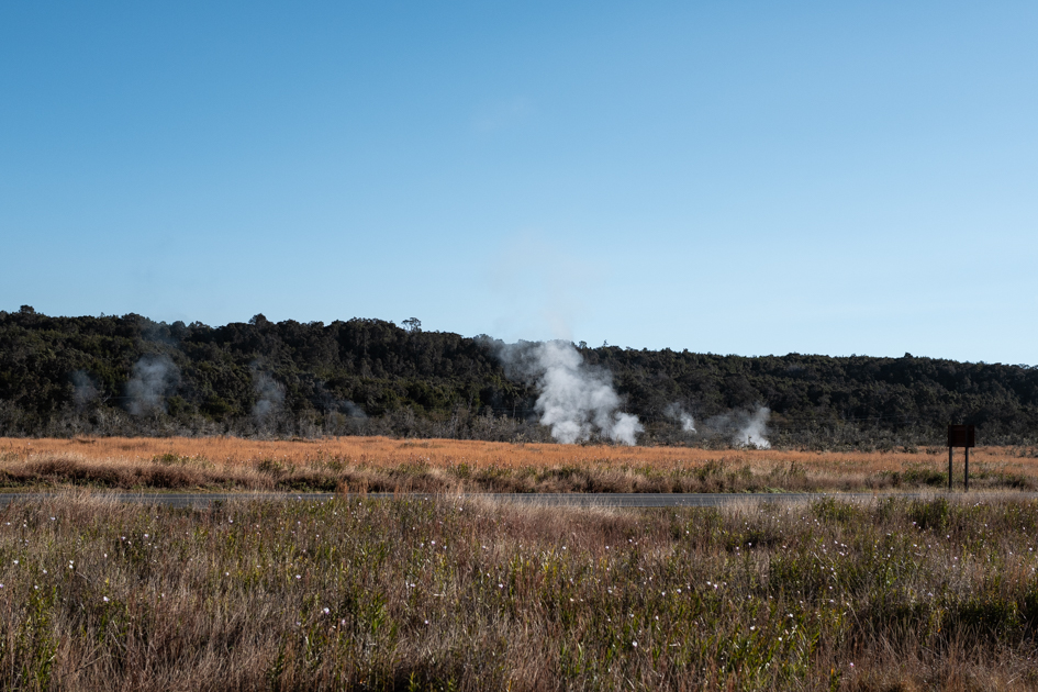 Steam rising from natural vents in Hawai‘i Volcanoes National Park, surrounded by lush greenery and rocky terrain.
