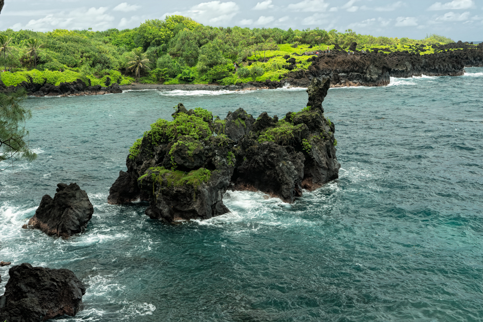 Black volcanic rocks emerging from the ocean along the coastline, with waves gently crashing around them under a soft sky.