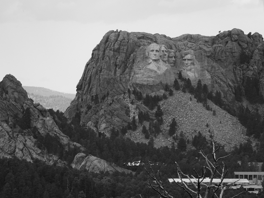 Mount Rushmore monument framed by pine trees as seen from a lookout point in Custer State Park, South Dakota