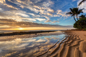 Sunset at Kapaa Beach in Kauai with golden light reflecting on the ocean and palm trees silhouetted against the sky. travel blogs, travel photography photography trvel blog, back roads lens