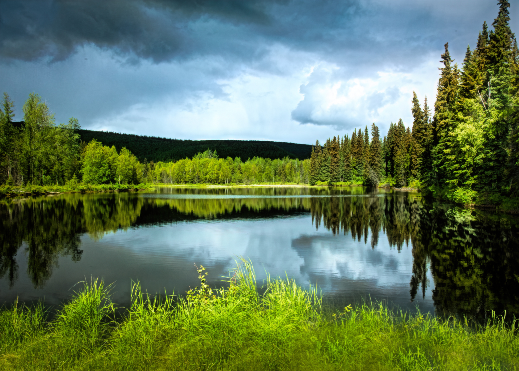A tranquil Alaskan lake surrounded by lush trees, their reflections creating a peaceful mirror image on the water’s surface.