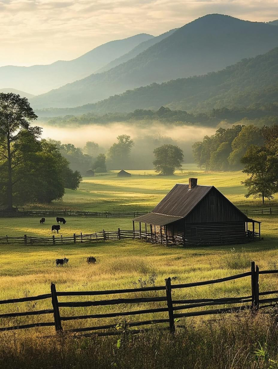 Barn in rural Montana with rustic wooden fence, grazing cows, and fog-covered mountains in the background. barn photography gallery