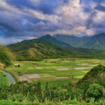 View of Hanalei River Valley on Kauai with lush green fields, winding river, and surrounding mountains under a cloudy sky. Leica Q3 Camera Review