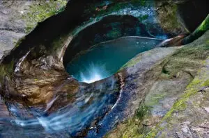 Picture of whirlpool in rocks with turquoise colors.