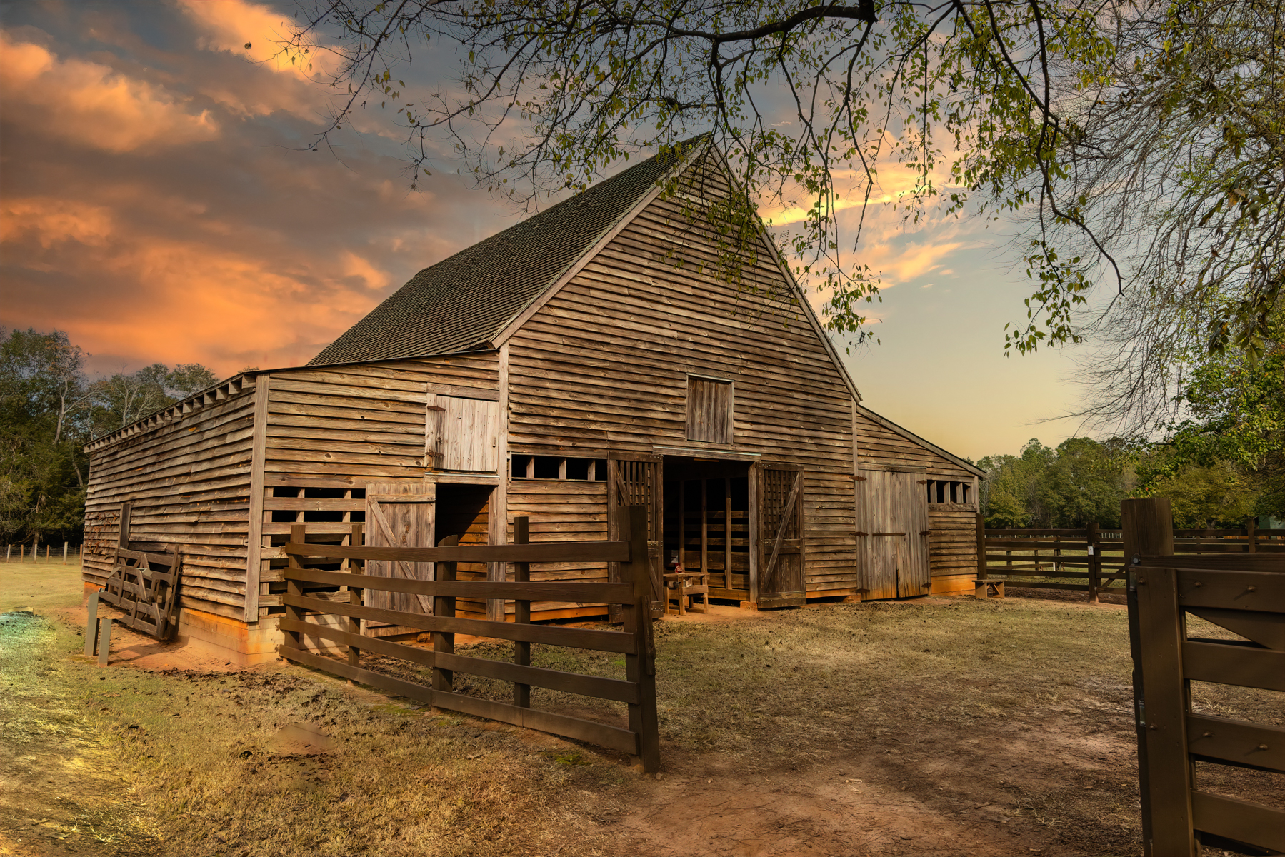 Jimmy Carter’s childhood barn at sunset with warm golden light in Plains, Georgia