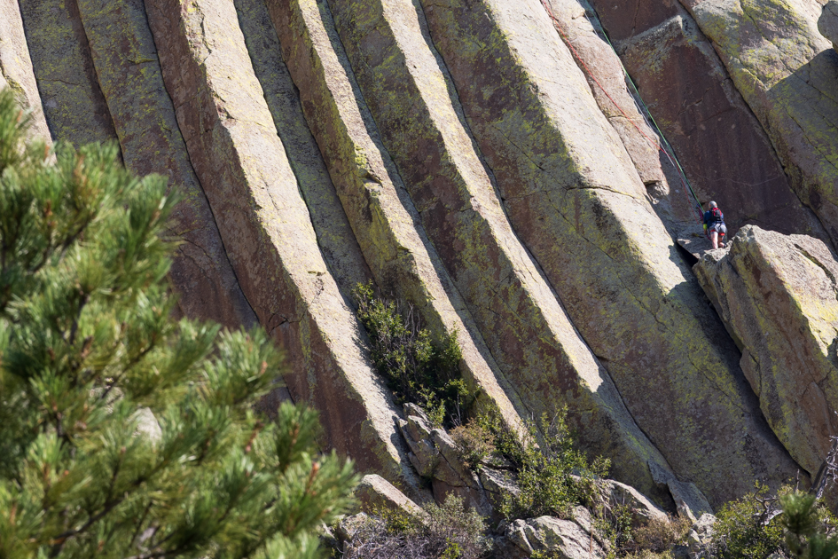 Two rock climbers scaling the vertical cliffs of Devil’s Tower in Wyoming under a clear blue sky