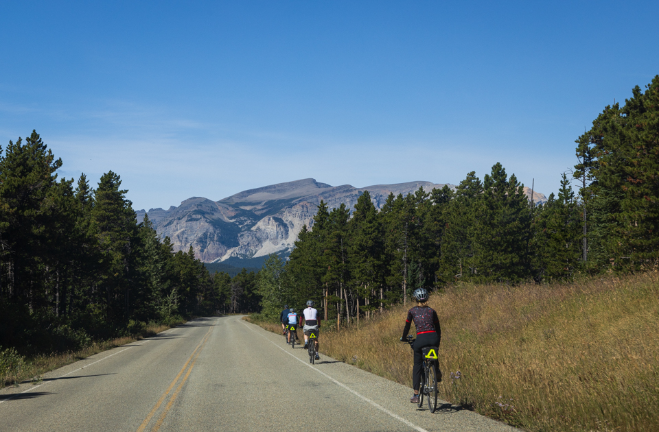 Group of cyclists riding along Chief Mountain Highway with mountain views in Glacier National Park