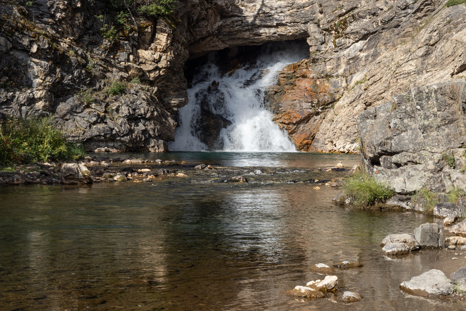 Running Eagle Falls cascading over rocks surrounded by lush greenery in Glacier National Park