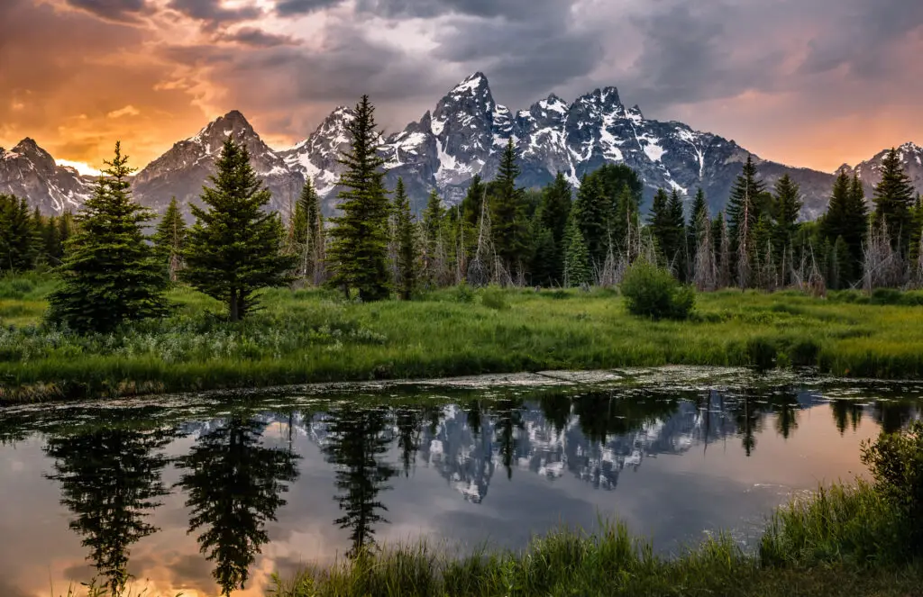 mountains in the background with evergreen trees and a point. Mountains and trees are reflected in the pond