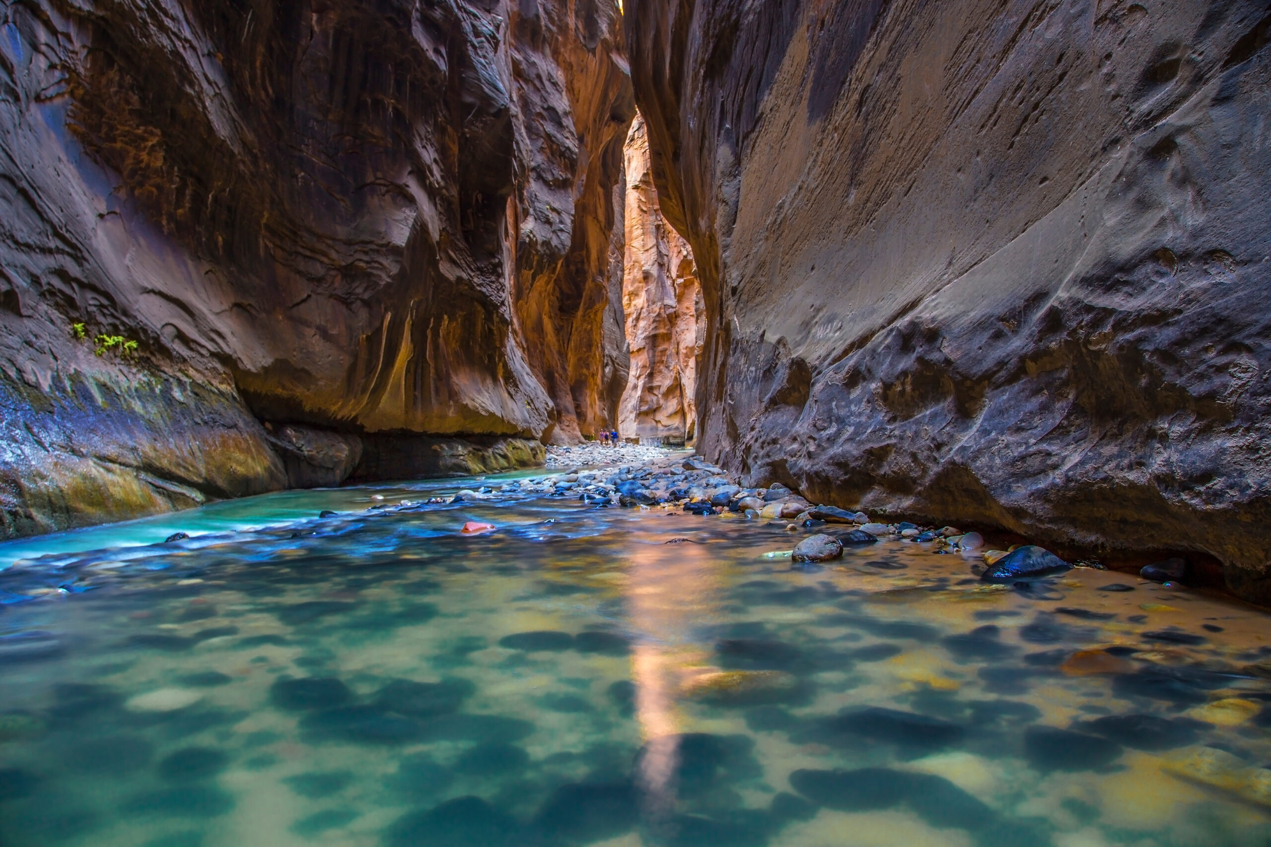 Hikers walk through the narrow rock canyon of The Narrows in Zion National Park, with water flowing between steep sandstone walls.
