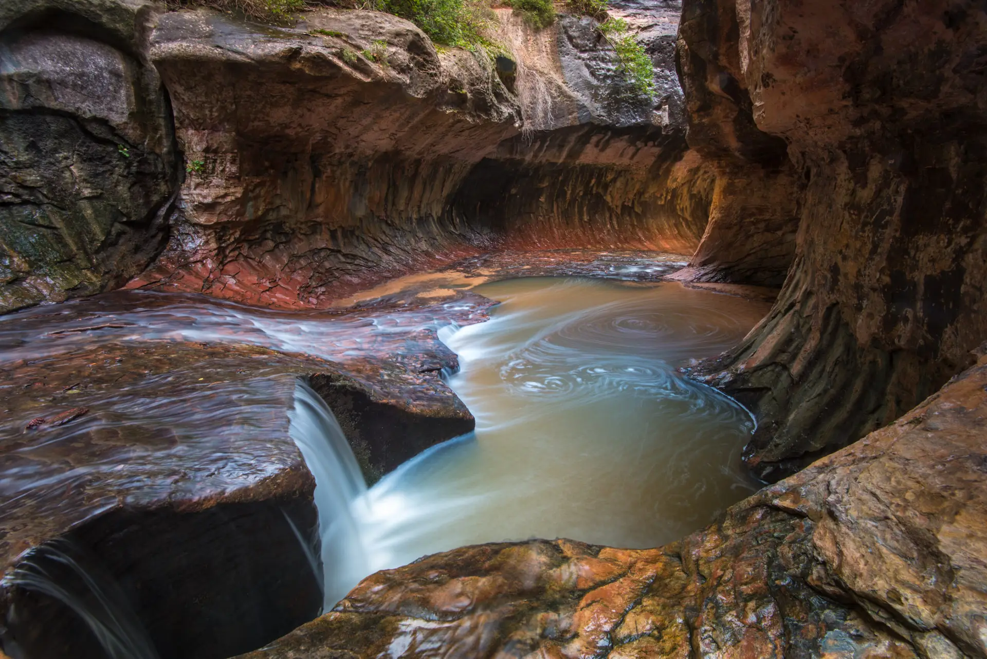 View of The Subway, a narrow, tubular slot canyon with smooth, curving rock walls and a shallow stream flowing along the canyon floor, located in Zion National Park, Utah
