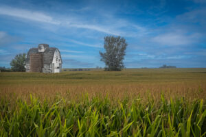 white barn with farmer's fields in the foreground