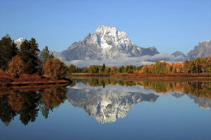 Teton Mountains perfectly reflected in the calm water of a lake in Grand Teton National Park