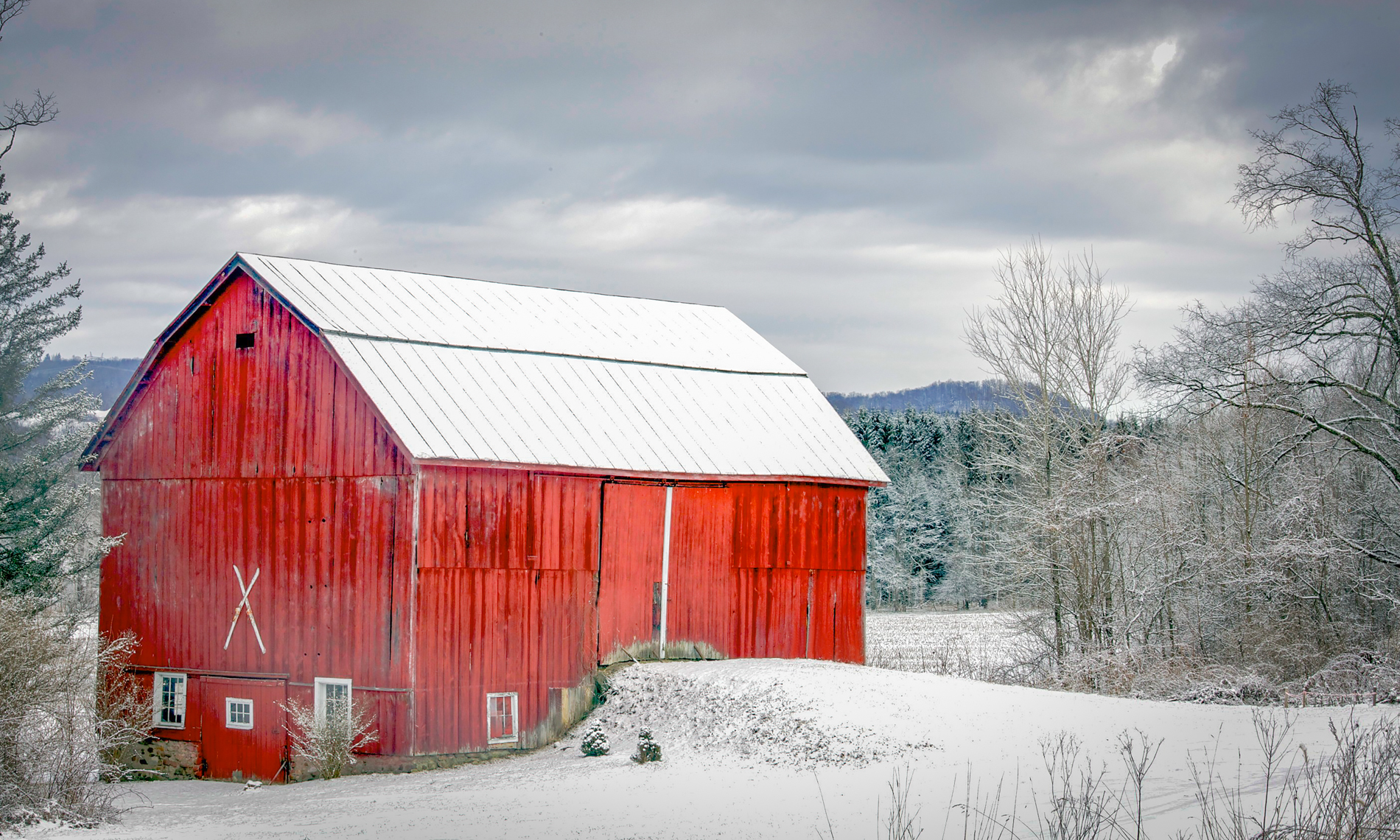Red barn in upstate New York with white skis mounted on the exterior, stormy skies in the background, and evergreen trees nearby