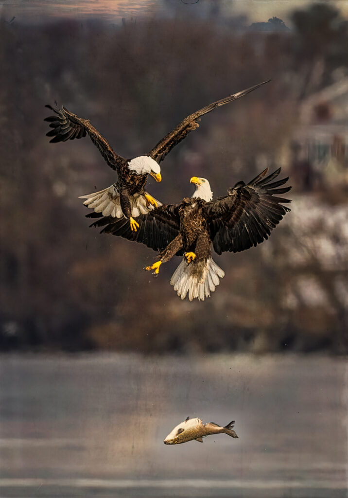 Two bald eagles fighting over a fish, with the fish falling from their talons.