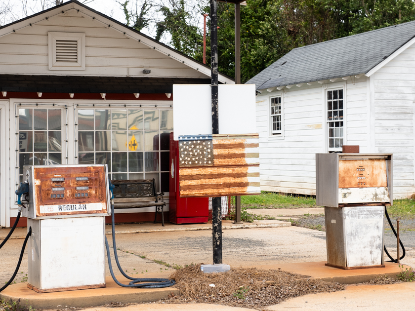 Billy Carter’s vintage gas station in Plains, Georgia, featuring retro signage and historic memorabilia.
