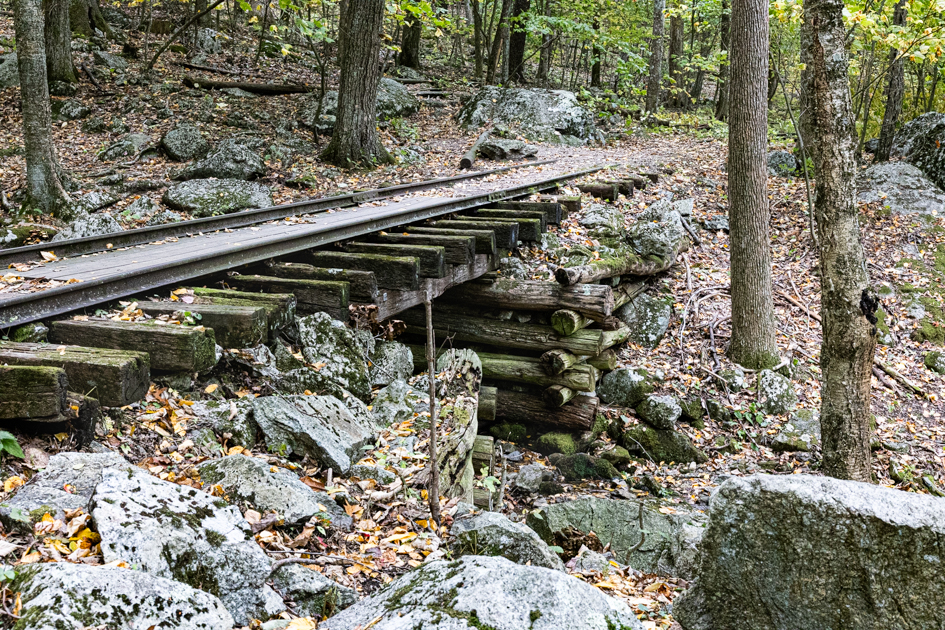 Weathered railroad ties from a historic logging track at Yankee Horse Ridge, framed by dense Appalachian forest.
