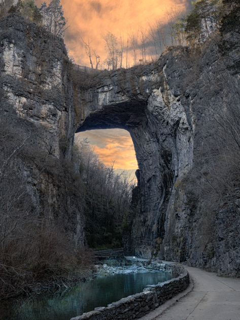 Natural Bridge in Lexington, Virginia, glowing at sunset