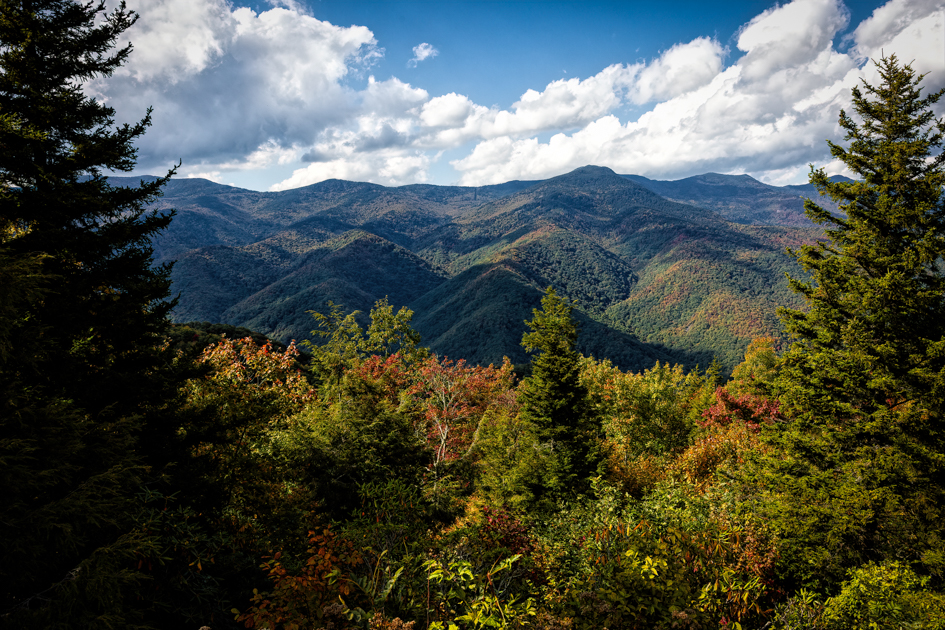 Distant view of Mount Mitchell, the highest peak in the eastern United States, seen from Milepost 349.9 on the Blue Ridge Parkway.
