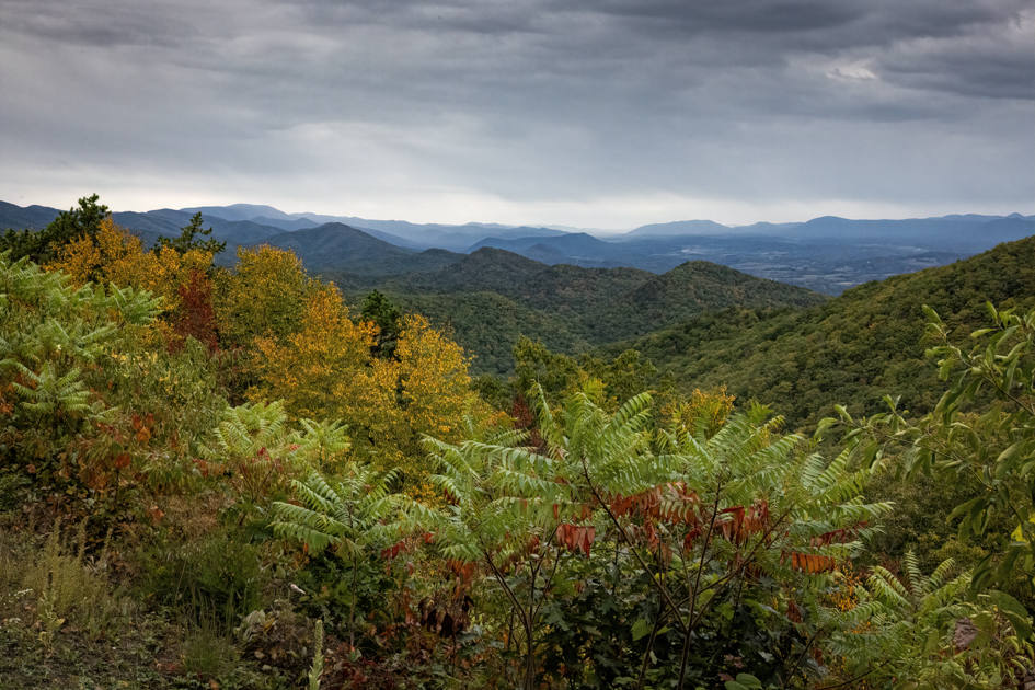 Expansive view of layered blue mountain ridges from Milepost 45 on the Blue Ridge Parkway.
