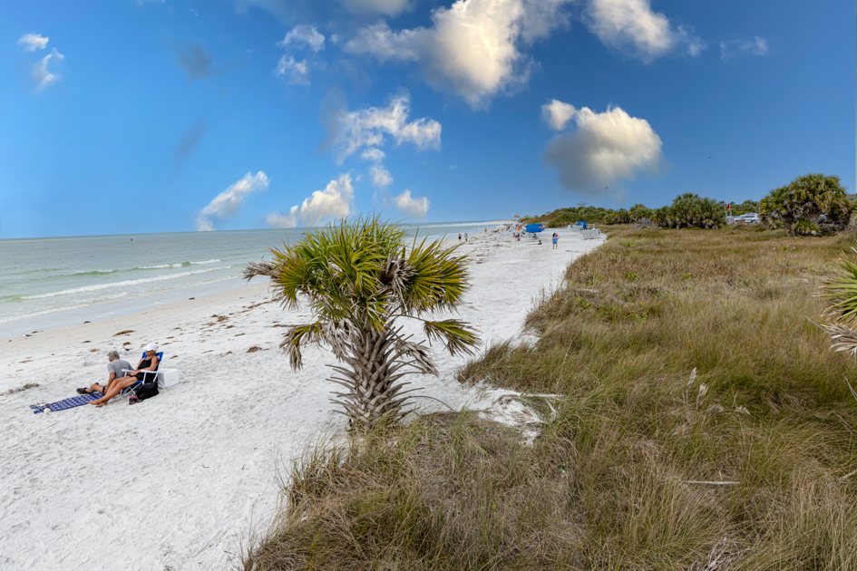 Wide view of the sandy beach on Honeymoon Island with gentle waves and clear blue skies
