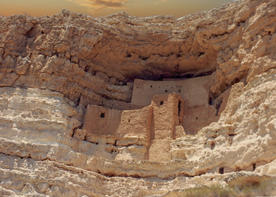 Montezuma Castle, a five-story cliff dwelling built by the Sinagua people in central Arizona, rising above Beaver Creek.