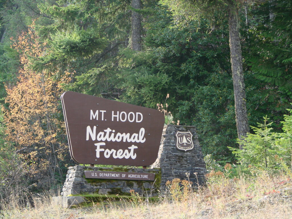 Mount Hood sign welcoming visitors to the mountain area in Oregon