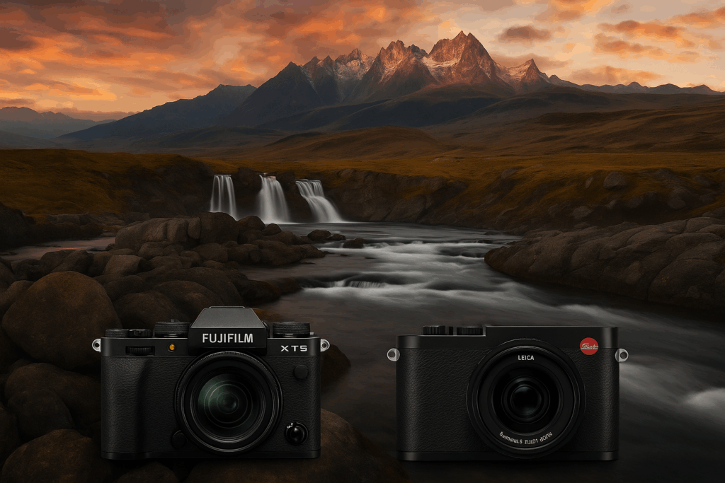 Landscape at sunset with flowing river, mountain peaks, and Fuji X-T5 and Leica Q3 cameras in the foreground.