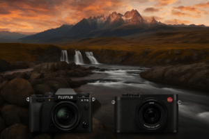 Landscape at sunset with flowing river, mountain peaks, and Fuji X-T5 and Leica Q3 cameras in the foreground.