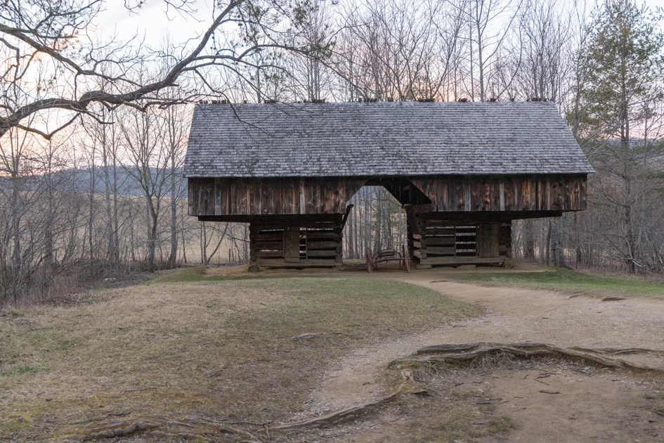 Cantilever barn with overhanging loft at Tipton Place in the Smoky Mountains.