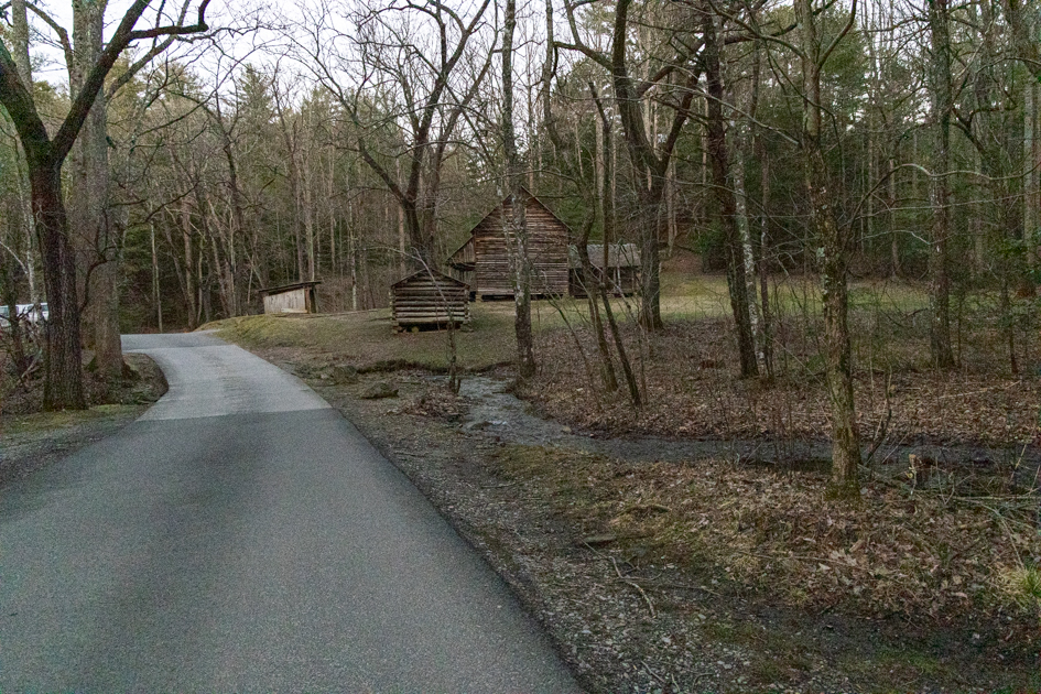 Curving gravel road winding through the forested valley of Cades Cove in Smoky Mountains National Park.