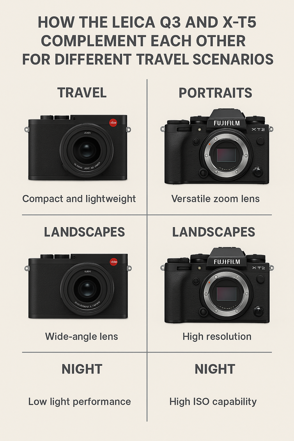Leica Q3 and Fuji X-T5 quick comparison document for travel photography 