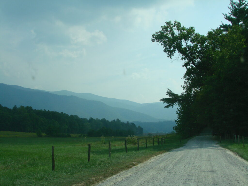 Gravel road stretching straight through open fields with mountains in the distance at Cades Cove.