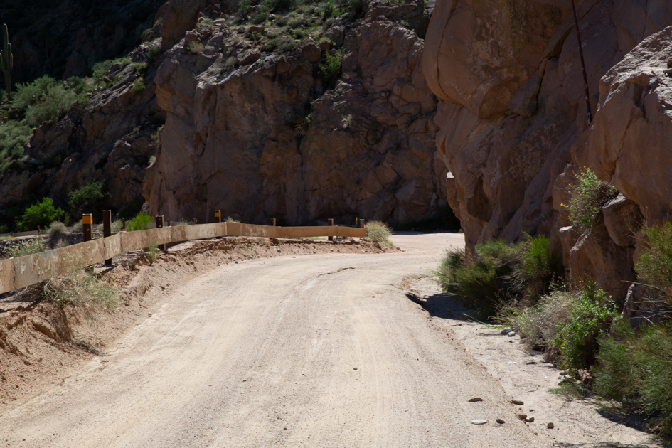 Scenic dirt road winding through desert landscape with cacti and rugged mountains near Apache Junction, Arizona
