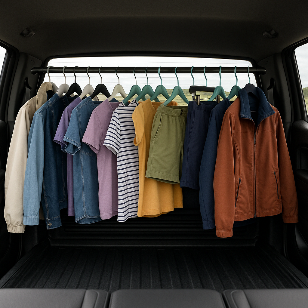 hanging clothing rack in the back of a truck for packing clothing