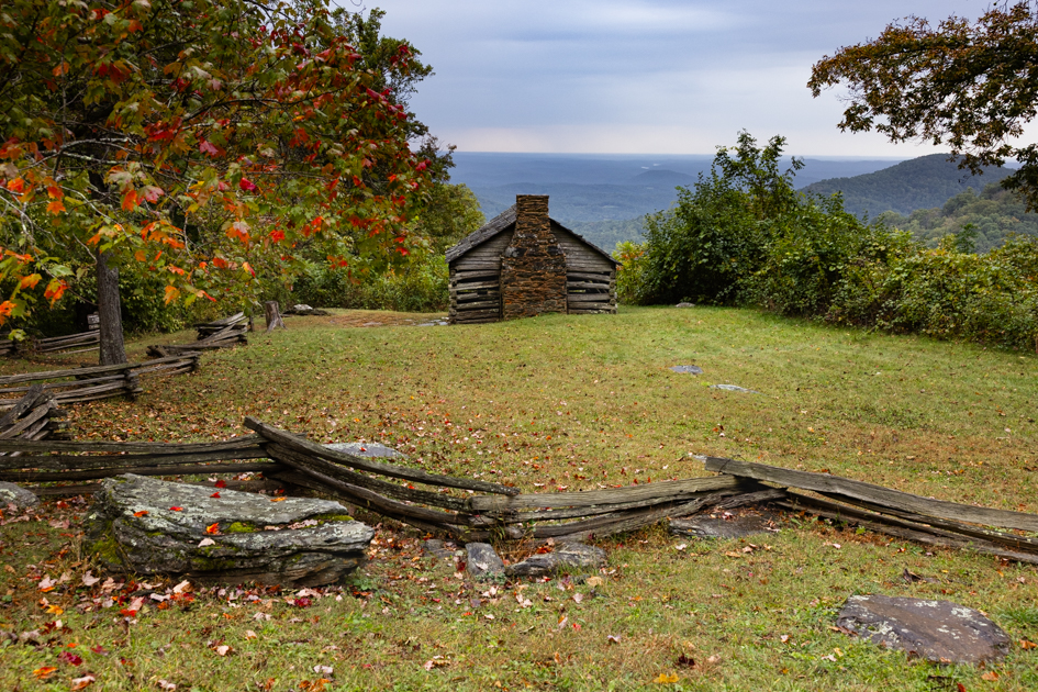 front lit cabin and tree on the blue ridge parkway
