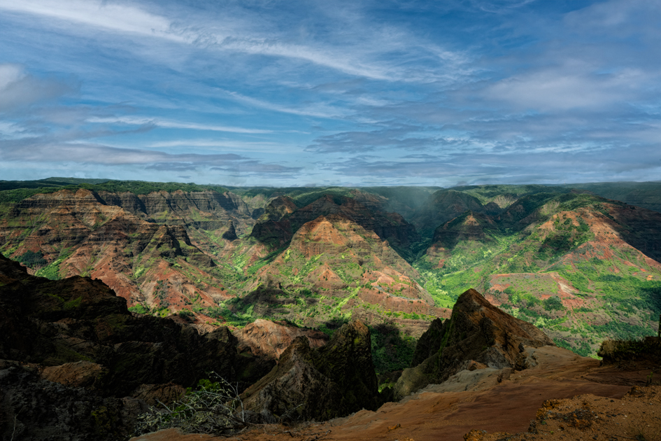 Panoramic view of Waimea Canyon on Kauai showing red cliffs, green valleys, and the Waimea River winding through the canyon floor.