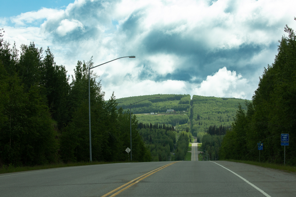 Gravel back road winding through Alaska’s wilderness with spruce trees and distant mountains under a wide summer sky.
