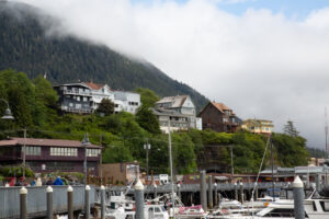 View of Ketchikan, Alaska built into the hillside above the harbor