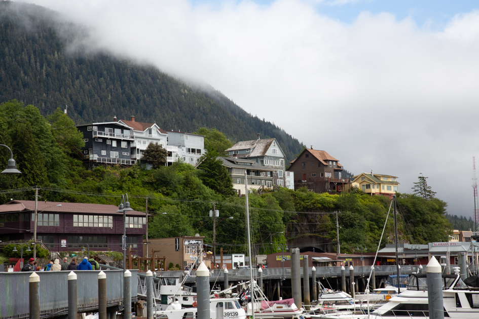 View of Ketchikan, Alaska built into the hillside above the harbor