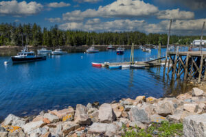 Lobster boats resting in Winter Harbor, Maine, after a full day of work on the water.