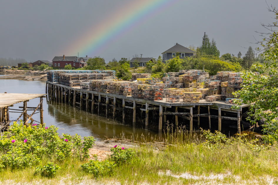 Stacks of green lobster nets stored on a wooden dock in Winter Harbor, Maine.
