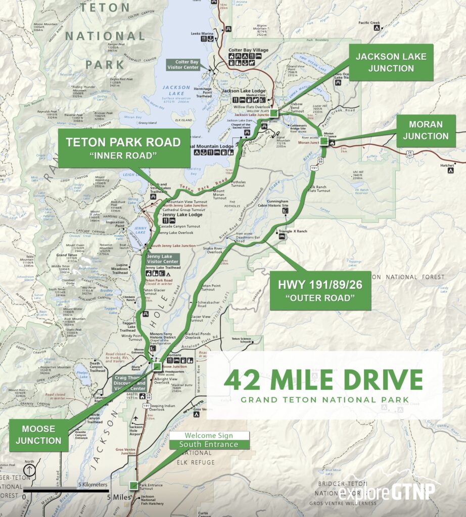 Map showing scenic drives through Grand Teton National Park
