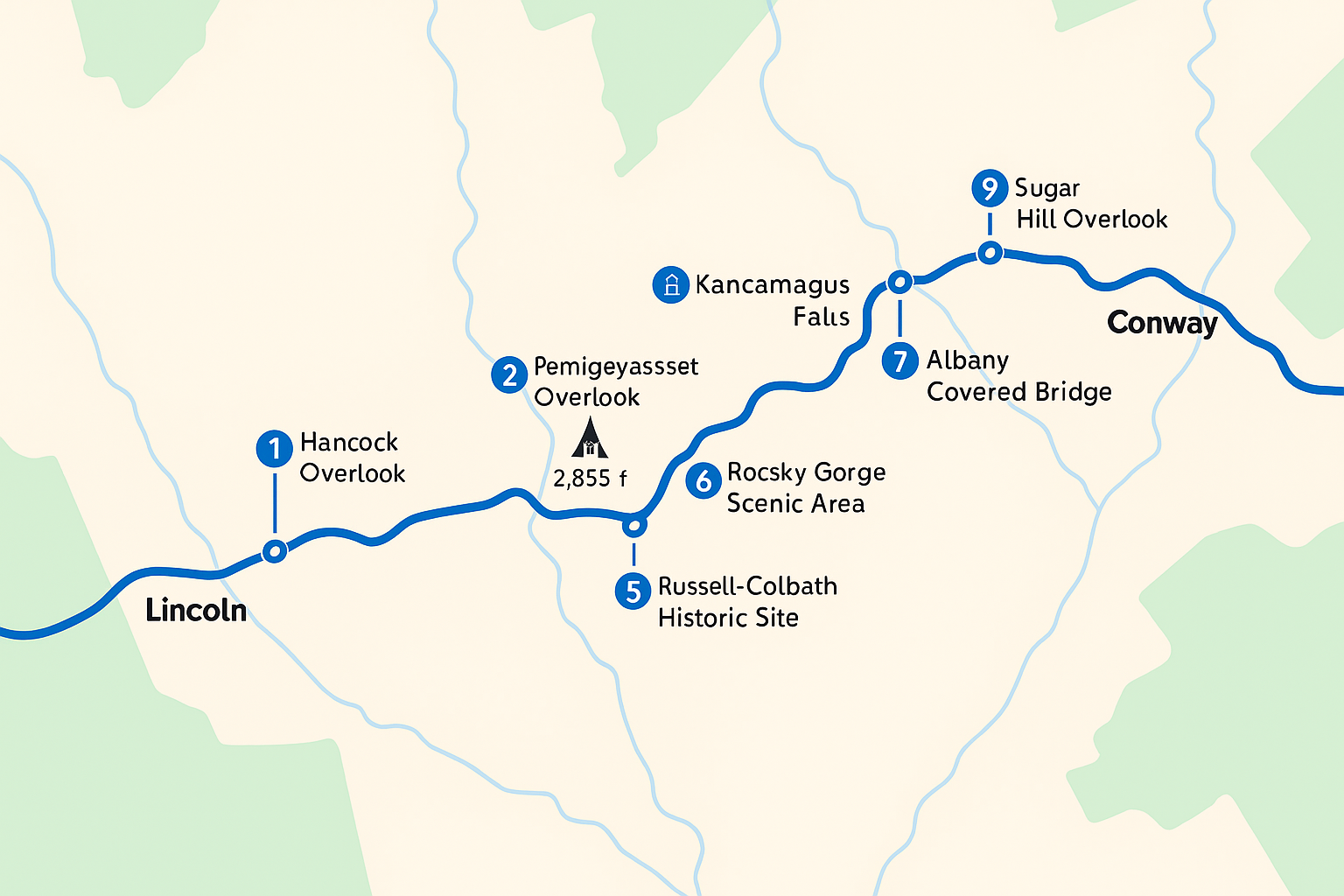 Map of the Kancamagus Highway route from Lincoln to Conway through New Hampshire’s White Mountains.
