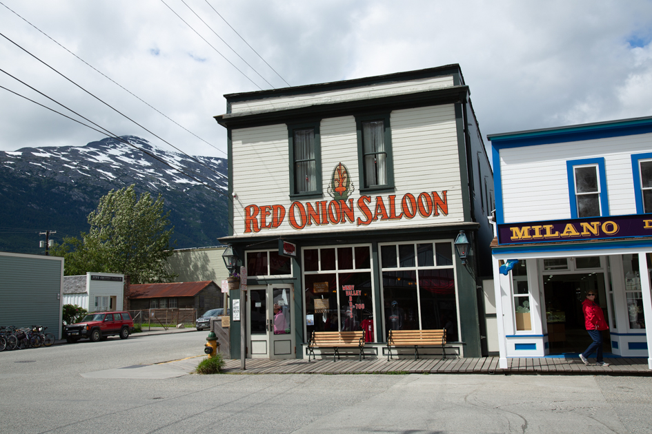 Front view of the historic Red Onion Saloon on Broadway Street in Skagway, Alaska
