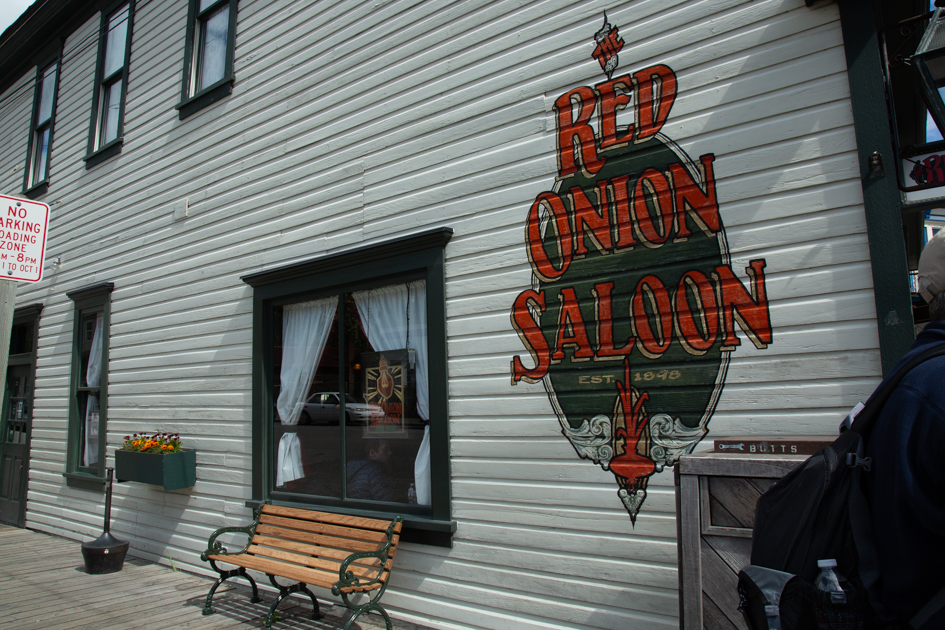 Historic Red Onion Saloon with surrounding gold rush-era buildings in downtown Skagway, Alaska
