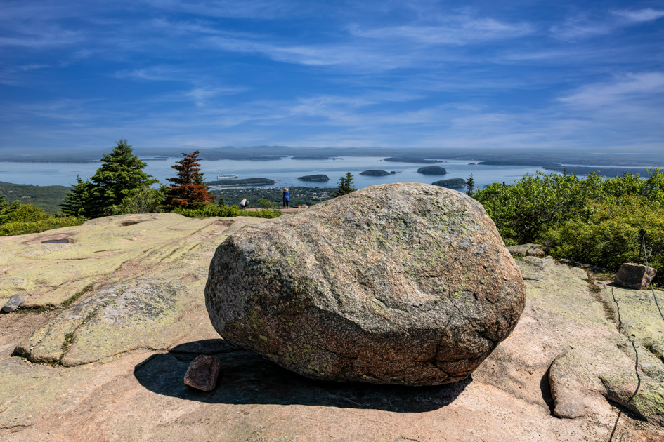 Expansive view from Cadillac Mountain overlooking Bar Harbor and the coastal islands of Maine.
