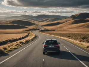 Empty desert highway glowing in early morning light during USA road trip.