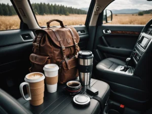 Travel camera gear and paper map laid out for road trip planning.prime vs zoom lenses for travel photography