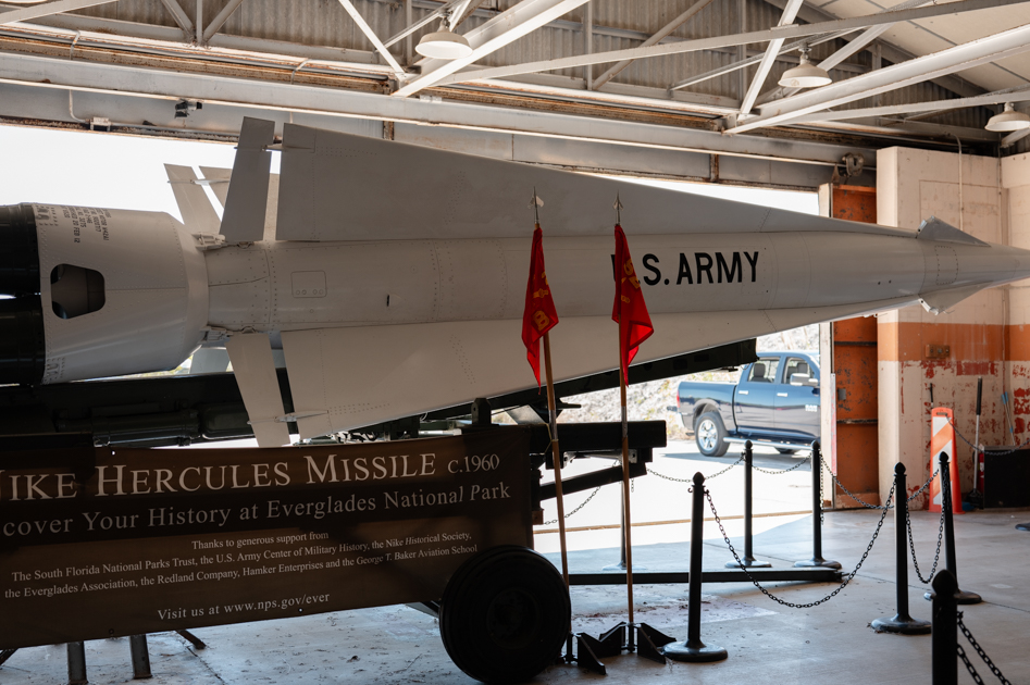 Close-up of Nike Hercules missile body and markings at Everglades HM-69 site
